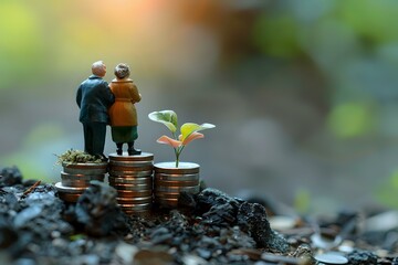 Miniature elderly couple standing on stacks of coins beside a small plant sprout, symbolizing retirement, savings, and financial growth. Ideal for themes of investment, future planning
