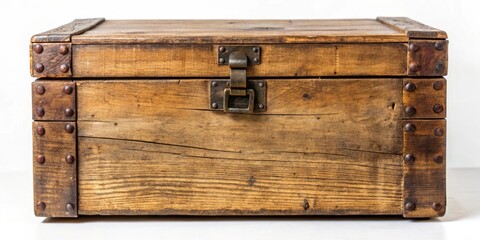 Obraz premium A weathered wooden chest with a metal clasp and rivets, showcasing the rustic charm of vintage craftsmanship.