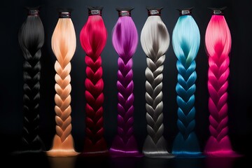 A lineup of brightly colored braided hair extensions in shades of pink, blue, purple, and red, symbolizing creativity, fashion, and self-expression. Ideal for themes of beauty, hairstyling