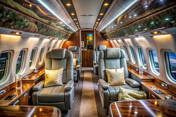 Fototapeta premium Inside an Emirates Plane Captured with Bokeh Effect, Showcasing Luxurious Cabin, Plush Seating, Ambient Lighting, and High-End Amenities for Travel Enthusiasts and Aviation Lovers