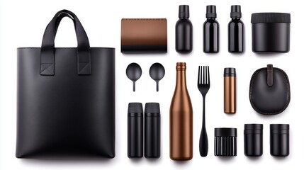 Obraz premium Luxury Black Leather Tote Bag Copper Bottle Accessories Set