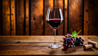 Illustration of glass of rich red wine and grapes sits elegantly on a rustic wooden table