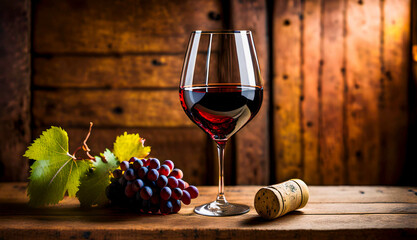 Illustration of glass of rich red wine and grapes sits elegantly on a rustic wooden table