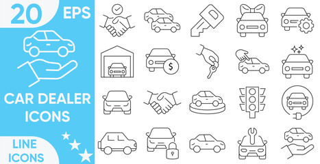 Car dealer icons . Car sales, finance, Test drive, warranty, service, insurance and electric Vehicles.Vector and illustrator set.