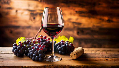 Illustration of glass of rich red wine and grapes sits elegantly on a rustic wooden table