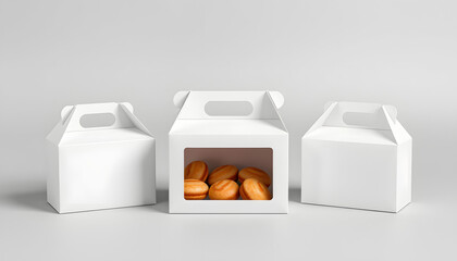 White three blank mockup paper pastries candies box with handle in grey background isolated with white highlights, png