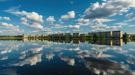 Reflection of Buildings on a Lake - a serene and picturesque visual. The mirrored skyline against the sky creates a tranquil and captivating scene