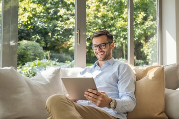 Smiling Young Man Relaxing on Couch with Tablet in Bright Living Room