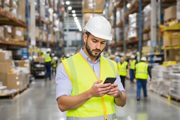 Warehouse Worker Utilizing Smartphone for Communication and Inventory Management