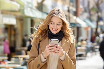 Fototapeta premium Happy Young Woman Using Smartphone Outdoors in Urban Setting