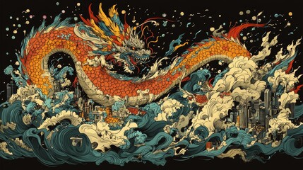 Fototapeta premium Mythical Dragon Cityscape Ocean Waves Asian Art Fantasy Illustration
