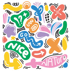 Naive cute abstract shapes sticker pack. Fun funky flowers, bubbles, stars, circles, eyes typography in trendy retro 90s cartoon style