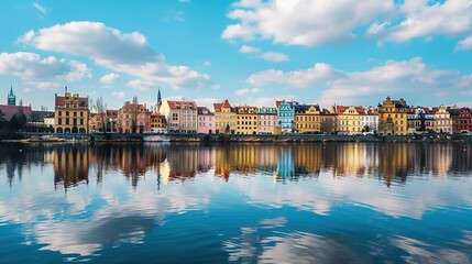 Obraz premium Reflection of Buildings on a Lake - a serene and picturesque visual. The mirrored skyline against the sky creates a tranquil and captivating scene