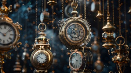 An ethereal display of antique clocks that appear to be levitating in midair. Each clock has a unique design and stands out against a moody starry background.