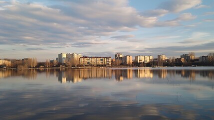 Reflection of Buildings on a Lake - a serene and picturesque visual. The mirrored skyline against the sky creates a tranquil and captivating scene