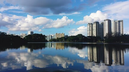 Obraz premium Reflection of Buildings on a Lake - a serene and picturesque visual. The mirrored skyline against the sky creates a tranquil and captivating scene