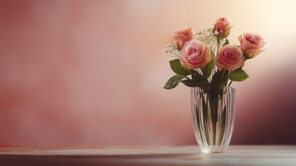 Fototapeta premium Elegant Floral Arrangement with Soft Pink Roses in a Clear Vase on a Light Background for Romantic Decor and Gift Ideas
