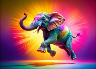 Joyful Elephant Dancing on a Bright Gradient Background, Perfect for Vibrant and Lively Fashion Photography Designs