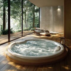 Luxurious Modern Spa Tub Wooden Hot Tub Relaxation Nature View