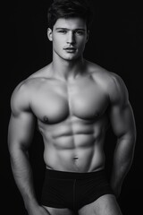 Fototapeta premium Athletic Male Model in Black and White Portrait, Showcasing Fitness and Strength with a Focus on Upper Body Musculature and Powerful Stance