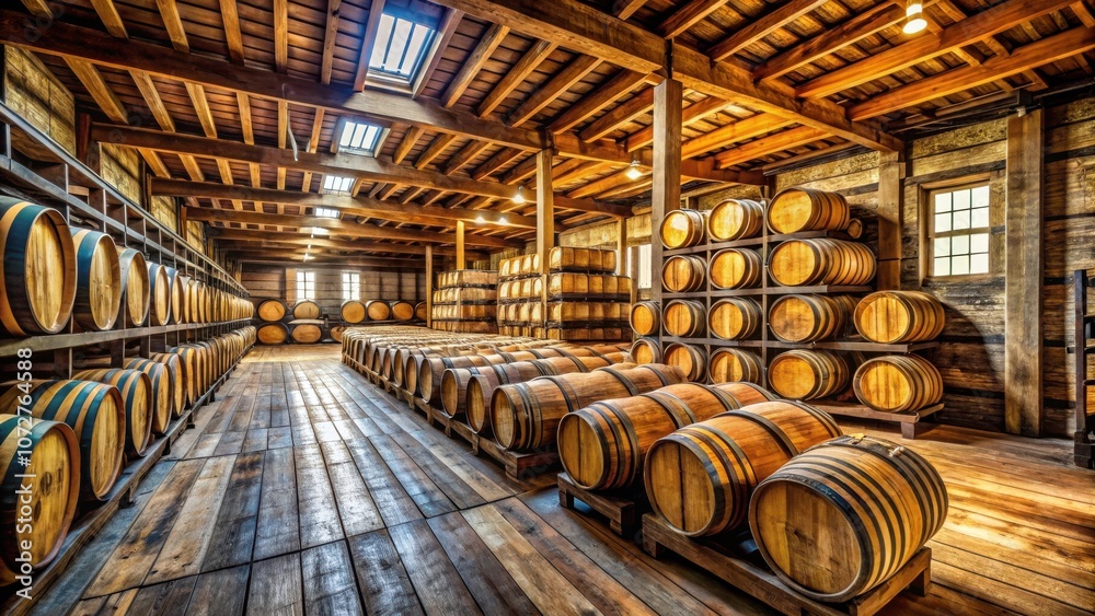 Poster a rustic warehouse filled with wooden barrels, sunlight streaming through a high window, illuminatin
