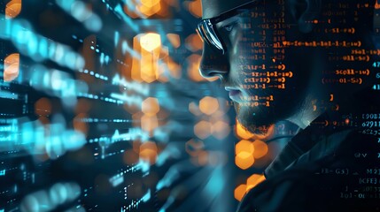 Digital transformation concept with glowing data streams and binary code overlay on dark background for technology and innovation presentations.