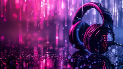 Professional gaming headphones on reflective surface with vibrant neon pink and purple lighting effects, perfect for esports, gaming setup or music production backgrounds.