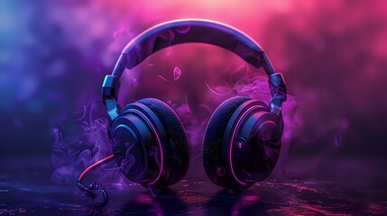 Professional wireless headphones on dark surface with vibrant purple and pink neon lighting, perfect for music, gaming and audio technology advertising.