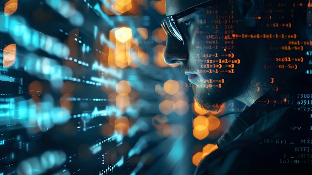 Digital transformation concept with glowing data streams and binary code overlay on dark background for technology and innovation presentations. - Powered by Adobe