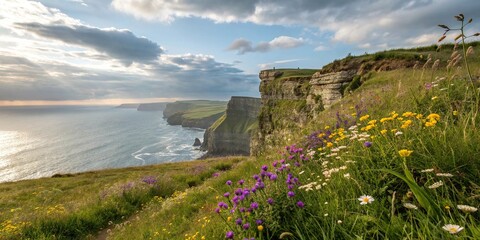 A majestic cliffside landscape with vibrant wildflowers swaying in the gentle ocean breeze, rugged, fauna, weathered rocks, nature