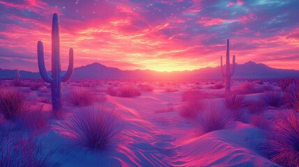 A bioluminescent desert with shimmering dunes and holographic cacti under a vivid digital sunset. The sand glows faintly in neon hues, creating a mesmerizing scene in the open landscape. A surreal 