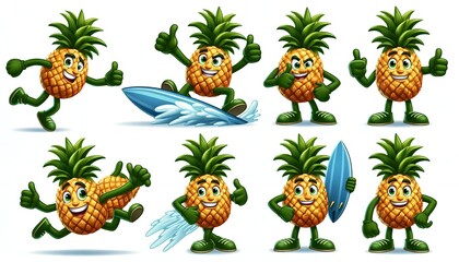 Fototapeta premium pineapple character showing dynamic action poses such as dancing, giving a thumbs-up, doing a superhero pose