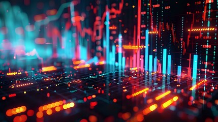 Fototapeta premium Abstract digital interface with red and blue graphs and data points, symbolizing stock market analysis, financial data, and technological advancements. Ideal for themes of finance, trading