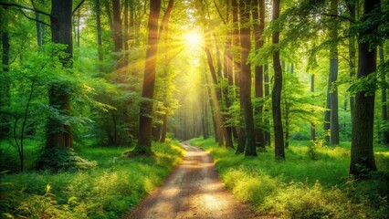 Fototapeta premium A sunlit path winds through a dense forest, illuminated by beams of golden light piercing the leafy canopy.
