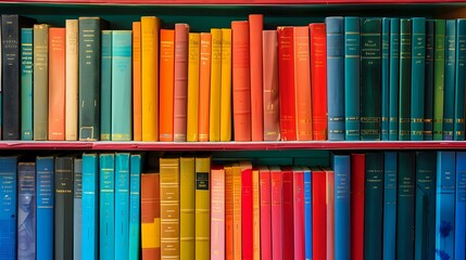 Bookshelf organized by color, displaying a gradient of vibrant books in rainbow order, symbolizing creativity, organization, and aesthetic appeal. Perfect for themes of literature, design, and knowled
