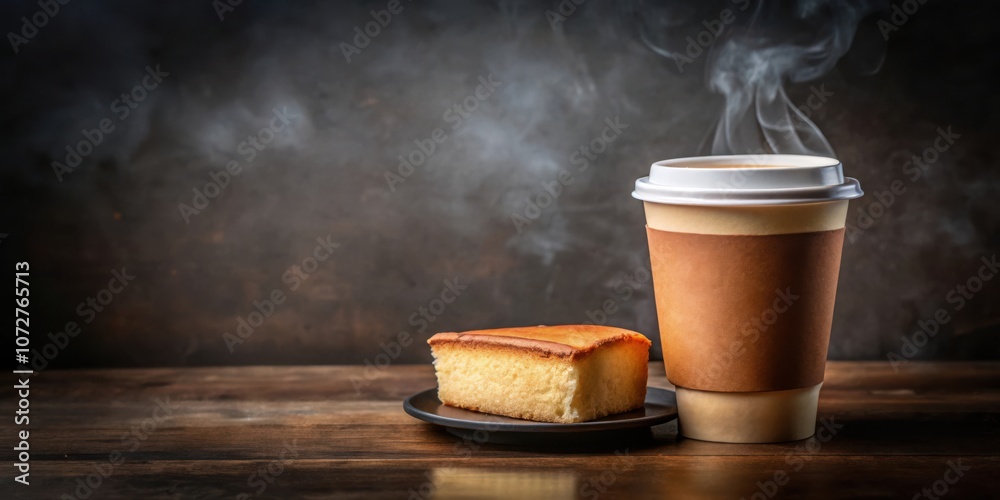 Poster a steaming cup of coffee and a slice of cake on a rustic wooden table, perfect for a relaxing aftern
