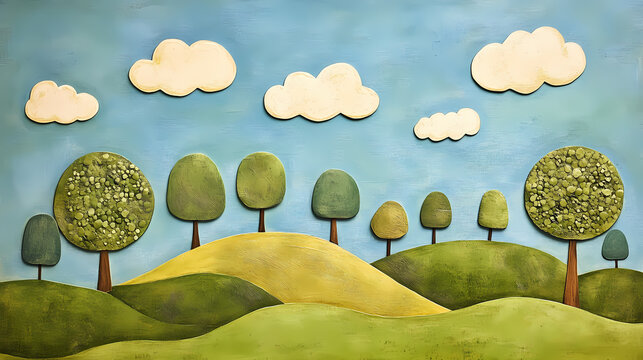 A serene landscape with rolling hills, stylized trees, and clouds under a blue sky, depicting a peaceful natural setting. Whimsical. Illustration