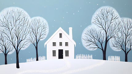 Naklejka premium A serene winter scene featuring a whimsical white house surrounded by frosty trees and a clear blue background. Whimsical. Illustration