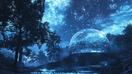 A futuristic observatory with a transparent dome, overlooking a bioluminescent forest under a digital sky. Holographic constellations appear above, creating a stunning backdrop for stargazing. 