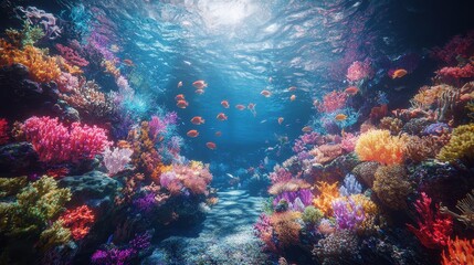 Naklejka premium A futuristic ocean with glowing coral reefs and neon-infused waves under a holographic sunset. Schools of digital fish swim through the bright coral, creating a lively and immersive seascape. 
