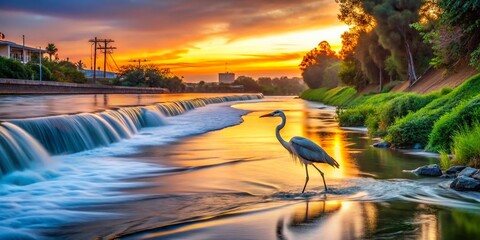 Fototapeta premium Long Exposure of a Heron Walking Along the Tranquil Banks of the Los Angeles River at Sunset, Capturing the Serene Beauty of Nature in an Urban Environment