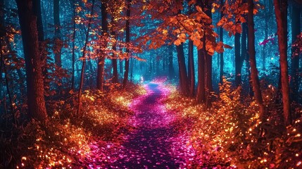 Fototapeta premium A luminous forest with glowing leaves and holographic paths under a sky filled with neon lights. The trees are alive with bioluminescent colors, creating a magical and vibrant environment. A 