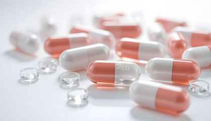 Close up of transparent pills medicine on light background, 3d rendering isolated with white highlights, png