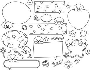 Outlines of puppy, butterfly, flower, cake, clover leaf for name tag, text bubble, cartoon character, comic, text, message, dialogue, chatting, sticker, pet, animals, kid colouring book, painting, art
