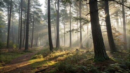 A misty forest at dawn with sunlight filtering through the trees, casting dappled shadows on the forest floor, nature scenery, misty forest, morning light