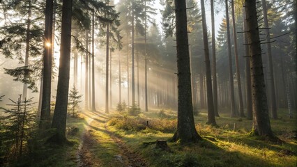 Obraz premium A misty forest at dawn with sunlight filtering through the trees, casting dappled shadows on the forest floor, outdoor setting, foliage, woodland background, forest floor, morning light