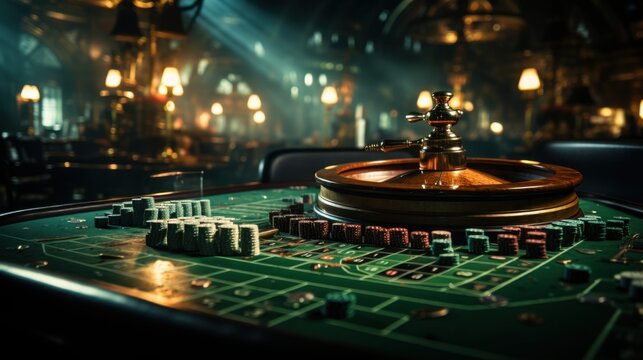 Elegant casino roulette wheel in motion on green table with chips