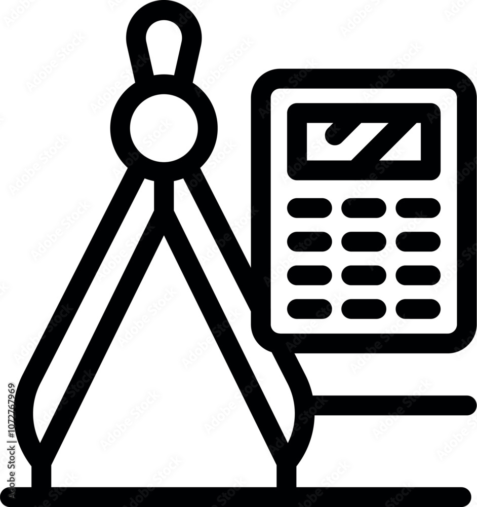 Poster engineering tools compass and calculator representing technical drawing and mathematical calculation