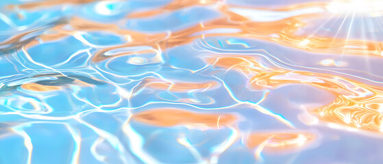 A blue and orange water surface with sun rays reflecting on it