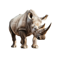 Obraz premium A Majestic Rhinoceros Stands Proudly Against a Dark Background, Capturing the Strength and Tradition of Wildlife Conservation Efforts Around the Globe.